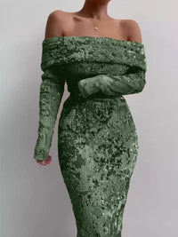 Heidi-Mode | Pailletten Off-Shoulder Sexy Maxikleid – Grün