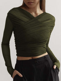 Damen Überkreuzte Front Lang Shirt – Oliv