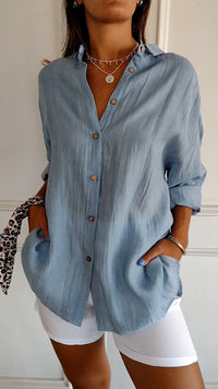 Irma - Damen Hemdbluse mit Knopfleiste und Lockerem Schnitt – Blau