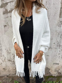 Elegante Fransenschal-Strickjacke für Frauen – Weiß