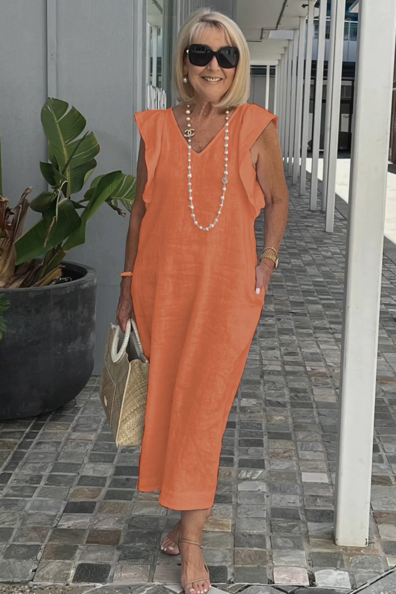 Greta - Elegantes V-Ausschnitt langes locker sitzendes Kleid