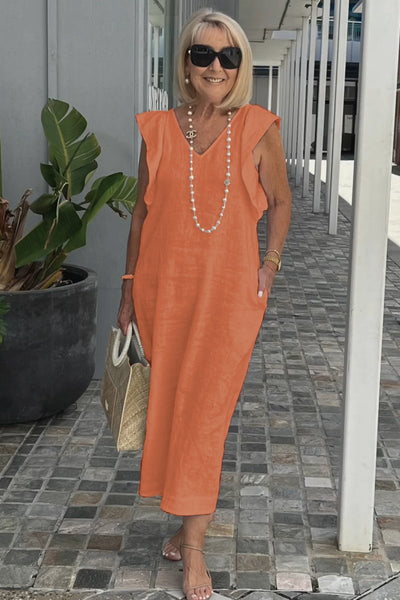 Greta - Elegantes V-Ausschnitt langes locker sitzendes Kleid