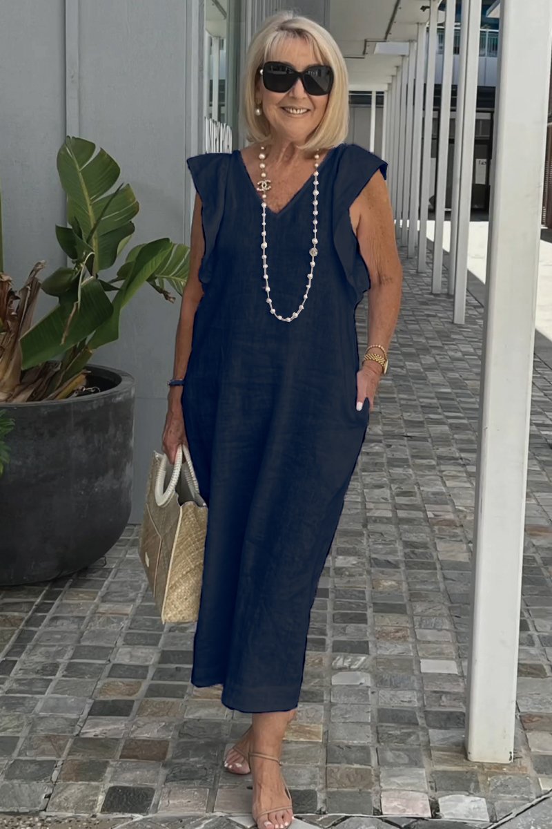 Greta - Elegantes V-Ausschnitt langes locker sitzendes Kleid