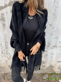 Elegante Fransenschal-Strickjacke für Frauen – Schwarz