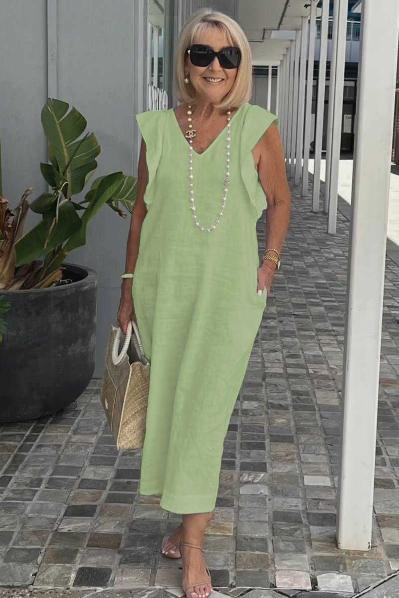 Greta - Elegantes V-Ausschnitt langes locker sitzendes Kleid