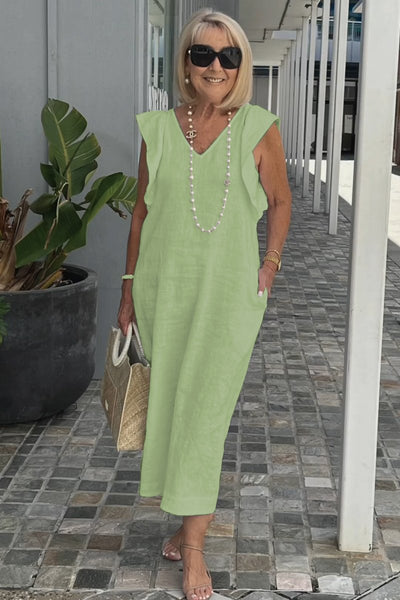 Greta - Elegantes V-Ausschnitt langes locker sitzendes Kleid