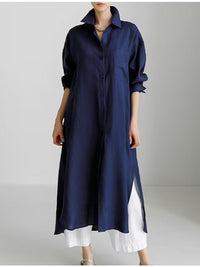 Karolin | Damen Langarm Hemdblusenkleid Midi – Marine