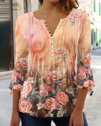 Karoline | Blumige Bluse mit V-Ausschnitt – Orange