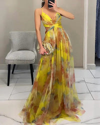 Katharina | Florales Maxikleid mit fließender Silhouette – Gelb