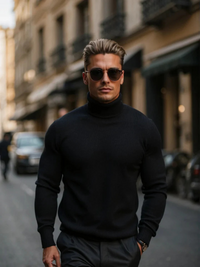 Klassischer warmer Herrenpullover | Rollkragen – Schwarz