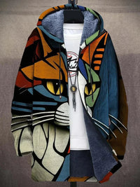 Leonie | Kunstdruck Fleece-gefütterter Oversized Zip-Hoodie Cardigan – Katze