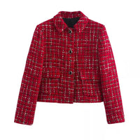 Kurze Damenjacke mit Karomuster und Knopfverschluss – Rot