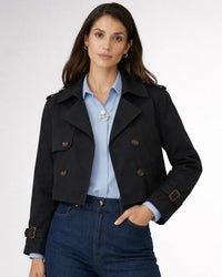 Kurze Trenchjacke für Damen mit doppelter Knopfleiste und Reverskragen – Schwarz