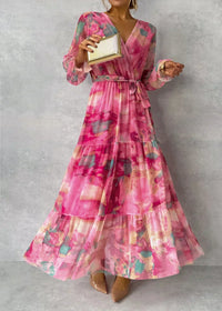Sommerkleid für Damen - Elegantes Florales Maxikleid mit langen Ärmeln – Rosa