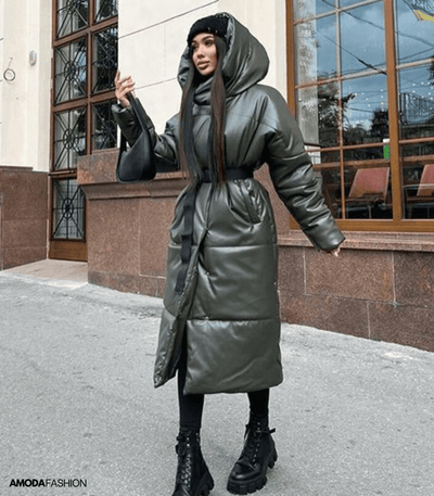 Langie | Lange Leder-Pufferjacke mit Gürtel für Damen – Stilvoll und Wärmend