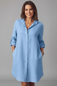 Leandra | Damen Hemdblusenkleid mit Langarm – Blau