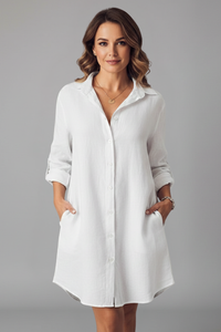 Leandra | Damen Hemdblusenkleid mit Langarm – Weiß