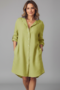 Leandra | Damen Hemdblusenkleid mit Langarm – Olivgrün