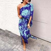 Leonie | Damen One-Shoulder Blumenprint Maxikleid – Blau