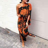 Leonie | Damen One-Shoulder Blumenprint Maxikleid – Orange