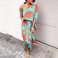 Leonie | Damen One-Shoulder Blumenprint Maxikleid – Türkis