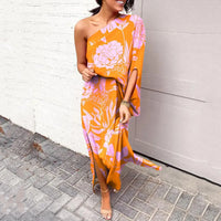 Leonie | Damen One-Shoulder Blumenprint Maxikleid – Dunkelrosa