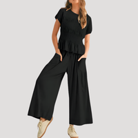 Lillian | Damen Kurzarm Zweiteiler Set Weite Hose – Schwarz