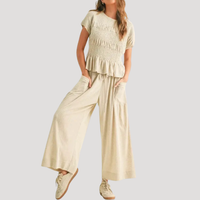 Lillian | Damen Kurzarm Zweiteiler Set Weite Hose – Aprikose