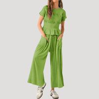 Lillian | Damen Kurzarm Zweiteiler Set Weite Hose – Grün