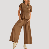 Lirette | Damen Zweiteiler Peplum Top Weite Hose Set – Braun