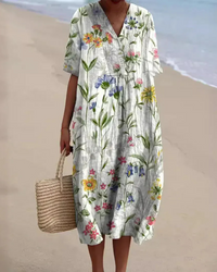 Lockeres geblümtes Sommerkleid für Damen | Midi – Weiß