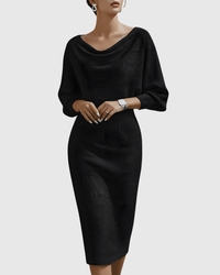 Lucinda | Damen Wasserfallkragen Midi Kleid – Schwarz