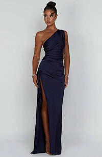 Lysandra | Damen One-Shoulder Abendkleid mit Schlitz – Marine