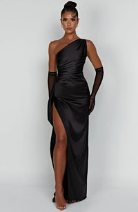 Lysandra | Damen One-Shoulder Abendkleid mit Schlitz – Schwarz