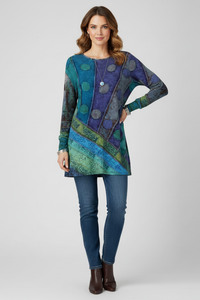 Magdalena | Damen Langarm Tunika mit Patchwork Muster – Blau