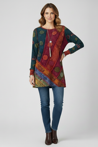 Magdalena | Damen Langarm Tunika mit Patchwork Muster – Rot