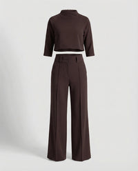 Maiken | Damen Zweiteiler Crop Top Weite Hose Set – Braun