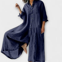 Soreya – Weiter Jumpsuit mit Hemdkragen – Blau