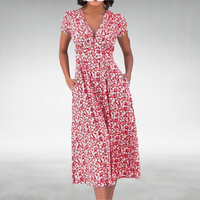 Margot | Damen V-Ausschnitt Blumenmuster Midikleid – Rot
