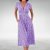 Margot | Damen V-Ausschnitt Blumenmuster Midikleid – Purpur