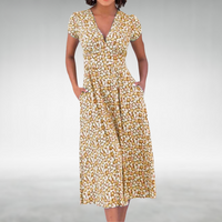 Margot | Damen V-Ausschnitt Blumenmuster Midikleid – Gelb