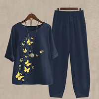 Lisanne | Damen Zweiteiler Set Schmetterlingsprint Hose – Dunkel Blau