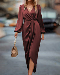 Marlene | Damen Wickelkleid Langarm Midi – Rot