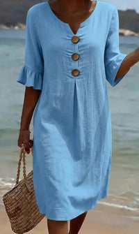 Marlene | Midikleid mit Holzknöpfen und Rüschenärmeln – Blau