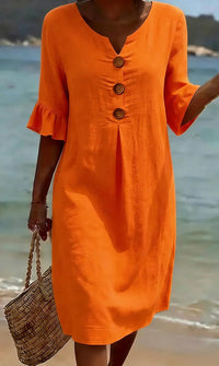 Marlene | Midikleid mit Holzknöpfen und Rüschenärmeln – Orange