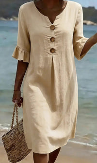 Marlene | Midikleid mit Holzknöpfen und Rüschenärmeln – Apricot