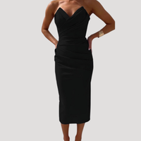 Marlies | Damen Schulterfreies Geraftes Midikleid – Schwarz