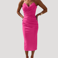 Marlies | Damen Schulterfreies Geraftes Midikleid – Rosa