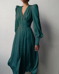 Marlina | Damen V-Ausschnitt Langarm Midikleid – Grün