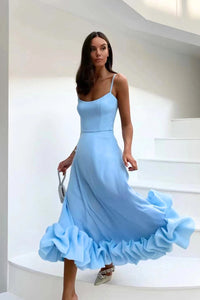 Mathilda | Zartes Spaghettiträger Rüschen Kleid – Blau
